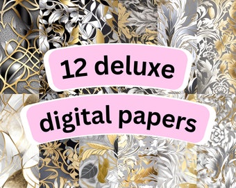 Digital Paper | Silver and Gold Foil - Scrapbook Set (12 tiling digital papers) | Printable Pattern