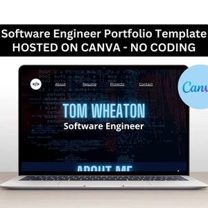 Puede incluir: Una pantalla de computadora portátil que muestra un sitio web para un ingeniero de software llamado Tom Wheaton. El sitio web tiene un fondo oscuro con texto azul y blanco. El sitio web incluye una barra de navegación con los siguientes enlaces: Acerca de, Currículum, Proyectos y Contacto. El sitio web también incluye el texto "Ingeniero de software" y "Acerca de mí". La computadora portátil está sobre una mesa de madera con una planta en maceta y una taza de café negra.