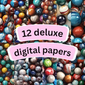 May include: A digital paper pack with 12 different marble designs. The marbles are colorful and have a variety of patterns. The text "12 deluxe digital papers" is displayed on the image.