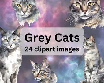 Watercolor Grey Cat Clipart | Closeup and sitting images | Digital download | Scrapbooking kit