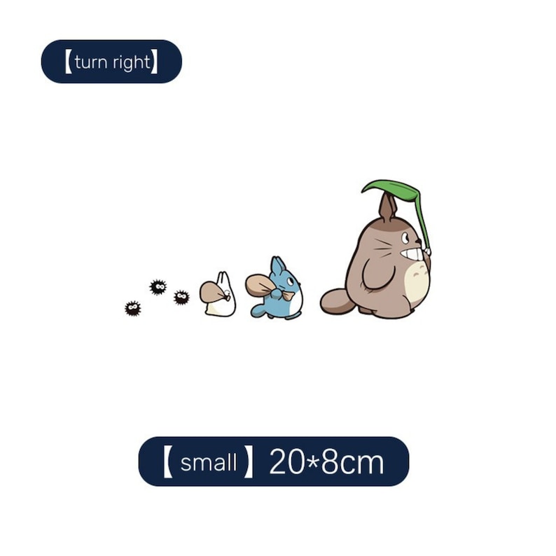 May include: A cartoon illustration of Totoro from the movie My Neighbor Totoro, with a small blue cat-like creature and a white rabbit-like creature walking behind him. The illustration is on a white background and includes the text "[turn right]" and "[small] 20*8cm".