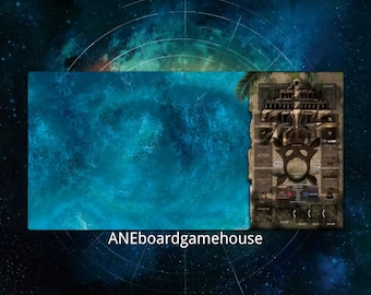 May include: A blue and green game board with a map of a tropical island. The board is surrounded by a dark blue background with stars. The text "ANEboardgamehouse" is in the bottom center of the image.