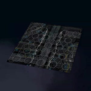May include: A dark, square jigsaw puzzle featuring a complex geometric design. The interconnected pieces create a cityscape image. The colour scheme is predominantly dark, with shades of grey and black. The puzzle is likely made of cardboard.