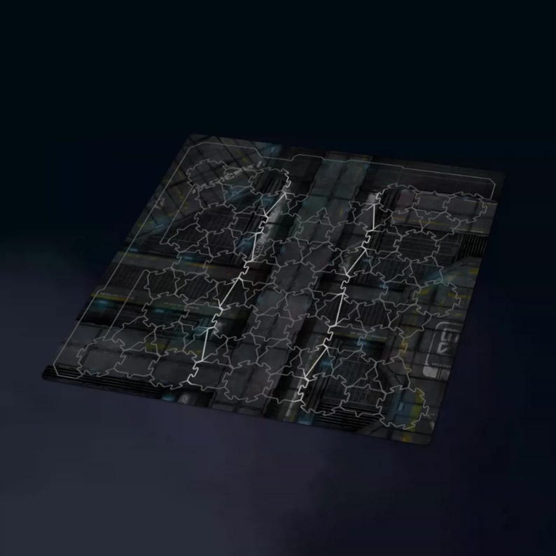 May include: A dark, square jigsaw puzzle featuring a complex geometric design. The interconnected pieces create a cityscape image. The colour scheme is predominantly dark, with shades of grey and black. The puzzle is likely made of cardboard.