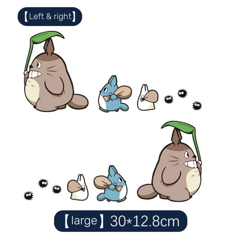 May include: Two illustrations of a brown Totoro character with a green leaf umbrella, a blue cat-like character with a brown sack, and a white bunny-like character with a brown sack. The illustrations are surrounded by black and white dust bunnies. The text "[large] 30*12.8cm" is below the second illustration.