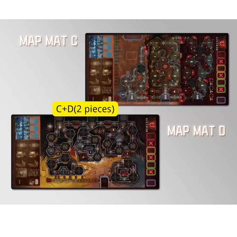 May include: Two rectangular game mats labelled "MAP MAT C" and "MAP MAT D". The mats feature detailed, colourful designs with various game elements. The text "C+D(2 pieces)" is also visible. The mats are designed for the board game Nemesis.
