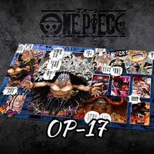 May include: A rectangular playmat featuring a vibrant One Piece manga collage with various character illustrations, action panels, and Japanese text bubbles. The design includes a central figure with spiky hair and dark clothing, surrounded by colorful comic book style frames on a blue background.