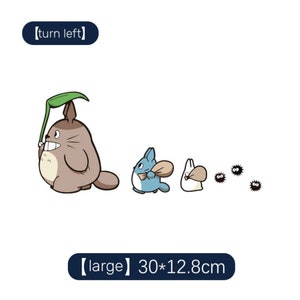 May include: A cartoon illustration of a gray Totoro character with a green leaf umbrella, followed by a blue Totoro character with a brown sack, a white Totoro character with a brown sack, and four black and white dust bunnies. The text "[turn left]" is in a blue box at the top of the image. The text "[large] 30*12.8cm" is in a blue box at the bottom of the image.