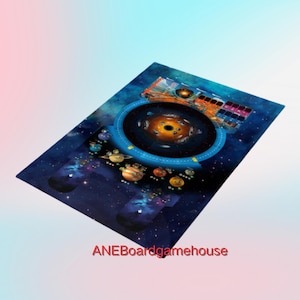 May include: A blue and black game board with a circular galaxy design. The board features a central black hole with planets and stars surrounding it. The board is made of thick cardboard and is designed for a space-themed board game.