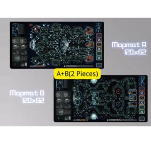May include: Two black game mats, labelled "Mapmat A" and "Mapmat B," each measuring 120x62 cm. The mats feature intricate, glowing blue and green designs, with text that reads "A+B (2 Pieces)." The overall theme is a futuristic or sci-fi board game.