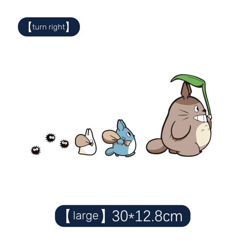 May include: A cartoon illustration of characters from the movie My Neighbor Totoro. The characters are walking in a line, with a large gray Totoro holding a green leaf over its head. The other characters are a small white rabbit-like creature and a blue cat-like creature. There are also four small black and white creatures with spiky bodies.