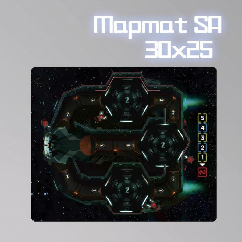 May include: A rectangular Mapmat SA gaming mat with a spaceship design. The mat is 76 x 63 cm and features a detailed layout with numbered sections and the text "LAKE". The background is a starry space scene.