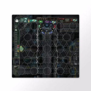 May include: A detailed game board with a futuristic, industrial design. The board features a complex grid pattern with interconnected shapes, and various labeled sections. The colour palette includes shades of grey, black, and teal, creating a high-tech aesthetic.