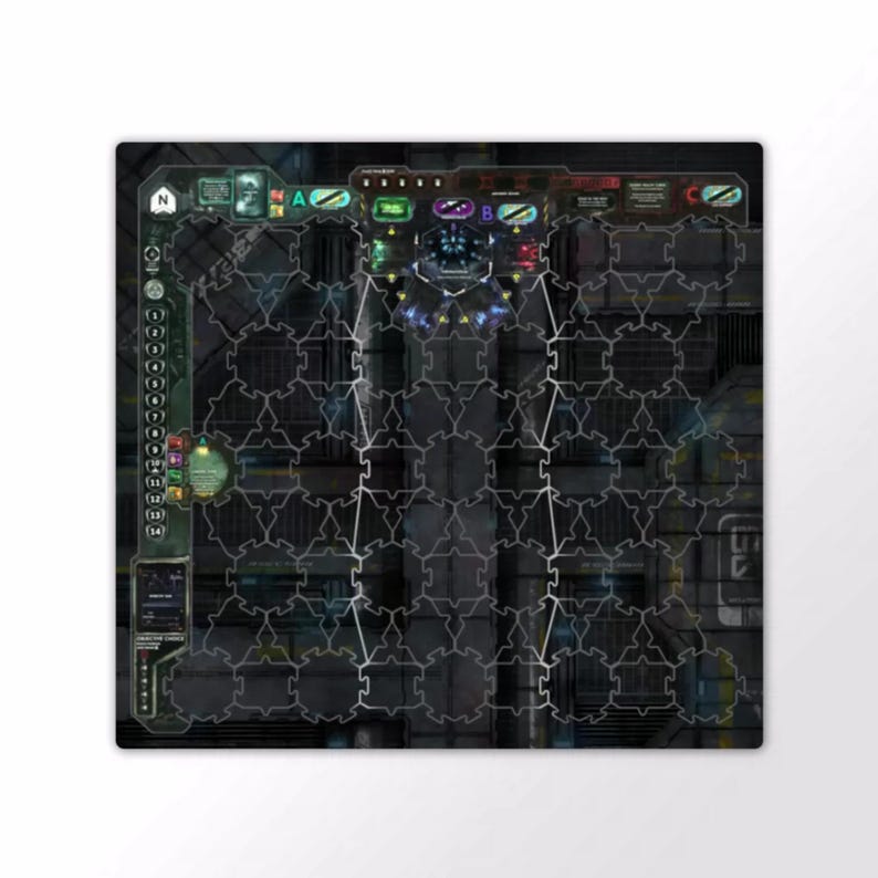 May include: A detailed game board with a futuristic, industrial design. The board features a complex grid pattern with interconnected shapes, and various labeled sections. The colour palette includes shades of grey, black, and teal, creating a high-tech aesthetic.
