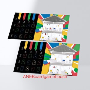 May include: Two game boards with a house design and a colorful background. The house is divided into rooms with different furniture and objects. The boards are labeled "Room Setup" and "Room Design".