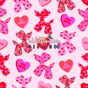 May include: A repeating pattern of pink and red balloon dog illustrations and heart-shaped candies with phrases like "Be Mine" and "You Rock" on a light pink background. The text "Wildflower DESIGN CO" is also present.