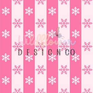 May include: A pink and white striped pattern with white snowflakes. The design includes the text "Wildflower Design Co" and a butterfly graphic. The pattern is suitable for various applications, such as fabric or wallpaper.