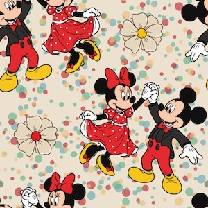 May include: A repeating pattern featuring Mickey and Minnie Mouse dancing, interspersed with stylised flowers and multicoloured polka dots on a light beige background. The characters wear their classic red, black, and yellow outfits.