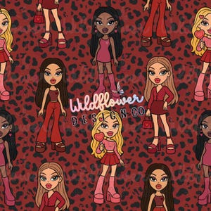 May include: Seamless pattern featuring stylized cartoon figures of women in various outfits, set against a dark red leopard print background. The figures are in shades of red, pink, and brown. The text "Wildflower Design Co" is also present.