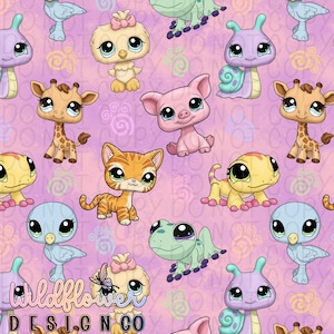 May include: A repeating pattern of cartoon animals, including a giraffe, cat, pig, and snail, on a pink background. The animals have large eyes and are in various poses. The text "Wildflower Design Co" is at the bottom.