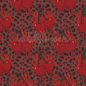 Peut inclure: Motif répété de cerises rouges dégoulinantes, entourées de flammes, sur un fond marron à imprimé léopard. Le design est audacieux et percutant, avec un fort impact visuel. Les cerises ont des tiges vertes.