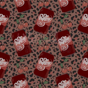 May include: A repeating pattern featuring Dr Pepper cans and cherries on a brown leopard print background. The Dr Pepper cans are a deep red with white text and the number 23. The cherries are red with green stems.