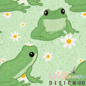 Peut inclure: Motif répété de grenouilles de dessin animé et de marguerites sur fond vert clair. Les grenouilles sont vert clair, et les marguerites ont des pétales blancs et des centres jaunes. Un petit papillon est également visible. Le texte "Wildflower Design Co" est dans le coin inférieur droit.