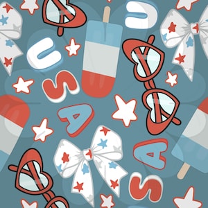May include: A seamless pattern featuring patriotic elements in red, white, and blue. The design includes heart-shaped sunglasses, bows, stars, popsicle treats, and the letters "USA" on a teal background. This pattern is ideal for Fourth of July themed products.
