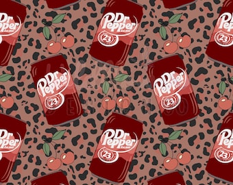 Motivo senza cuciture Dr Pepper Cherry, stampa leopardata retrò Soda, sfondo leopardato ciliegia carino, carta digitale rosso-marrone, sublimazione PNG