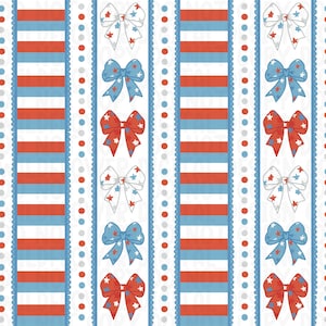 Könnte beinhalten: Ein sich wiederholendes Muster mit roten, weißen und blauen Schleifen mit Sternakzenten. Die Schleifen wechseln sich mit vertikalen roten und blauen Streifen und weißen gepunkteten Linien ab. Das Design ist patriotisch und festlich.