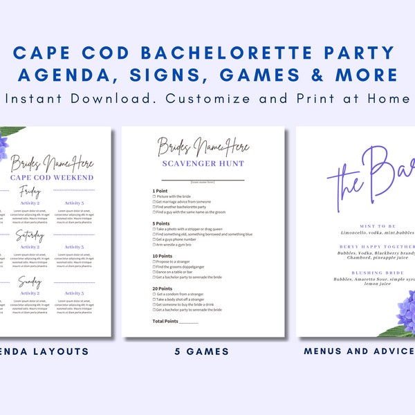 Cape Cod Bachelorette Party Agenda, Games, Menus and  Cards