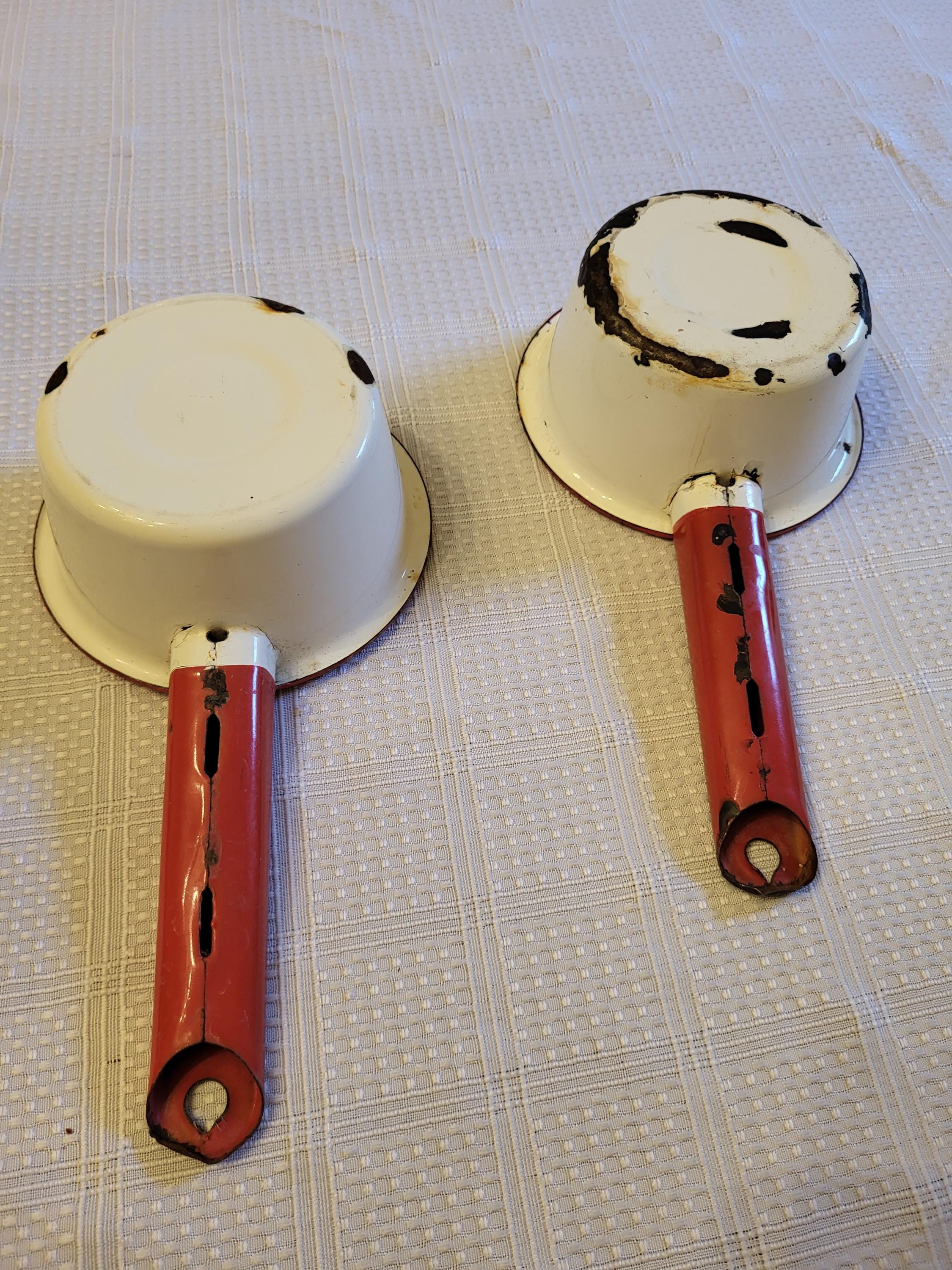 Pair of Chippy Red and White Enamel Sauce Pans - Etsy
