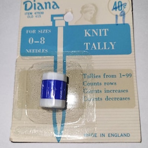 May include: A blue and white plastic knitting tally counter with the text "Diana" and "Knit Tally" on the packaging. The counter tallies from 1-99 and counts rows, increases, and decreases.