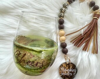 15 oz Earthy Green Brown and Gold Epoxy Wine Glass With Glitter