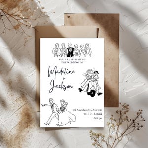 Può includere: Un invito di nozze bianco con illustrazioni a tratto nero di un gruppo di nozze, una coppia su uno scooter e una coppia che cammina. Il testo recita: YOU ARE INVITED TO THE WEDDING OF Madeline + Jackson, 123 Anywhere St., Any City, 08 | 04 | 20XX, 2:00 pm.