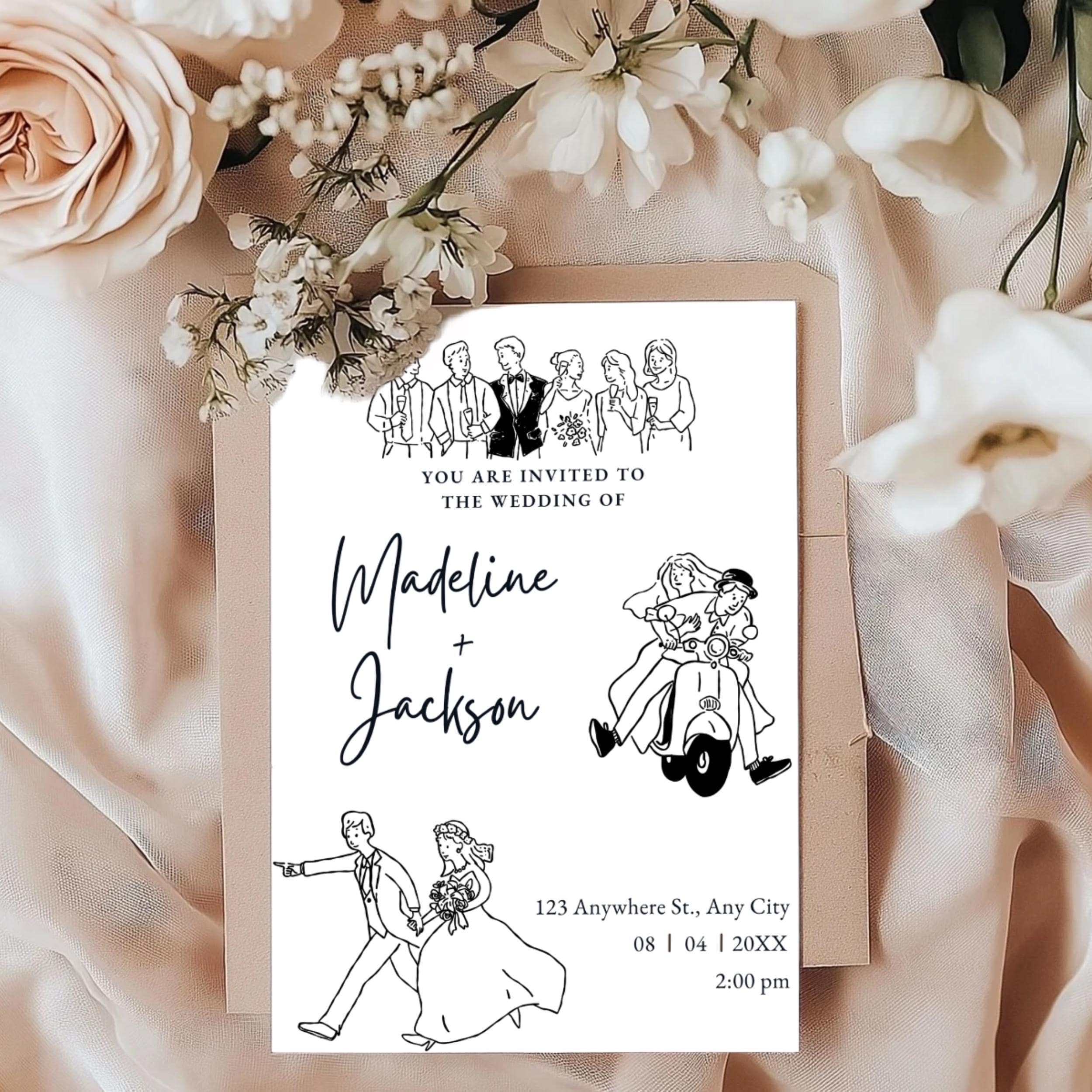 Hand-drawn Wedding Invitation Template, Illustrated Modern Invite ...