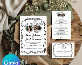 Op de afbeelding: Een trouwuitnodigingsset met een 'Save the Date'-kaart met hartvormige fotolijsten, een uitnodiging en een antwoordkaart. De kaarten zijn zwart-wit met bloemaccenten en bevatten evenementdetails.