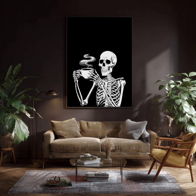 Skeleton Ricking Skeleton Drinking Coffee Art Print, Spooky Kitchen Decor (digital ...