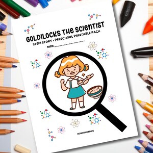 以下が含まれることがあります： 「Goldilocks the Scientist」というタイトルの印刷可能なパック。スプーンをボウルに持っている女の子の漫画イラストが描かれています。このパックには、STEMストーリーと未就学児向けの活動が含まれています。画像は色鉛筆とマーカーで囲まれています。