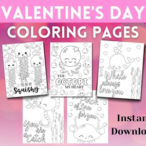 Valentine&#39;s Day Coloring Pages, Cute Sea Creatures,Valentine Party Activity, School Classroom Coloring Pages, Kids Coloring, printable