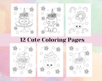 Unicorn Coloring Pages, Printable Kawaii Sweets Coloring, Birthday Party Activity, Kids Coloring Pages, Toddler Activity, INSTANT DOWNLOAD