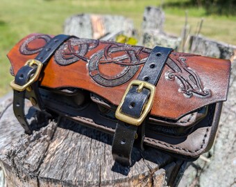 Wide Belt Pouch, Leather, Handmade, Hand-carved Serpent Design, LARP, Ren Faire