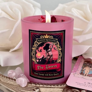 The Lovers Luxury Tarot Candle | Crystal Candle with Rose Quartz and Tarot Card | Soy Wax Candle | Ritual Candle | Attract LOVE & PASSION