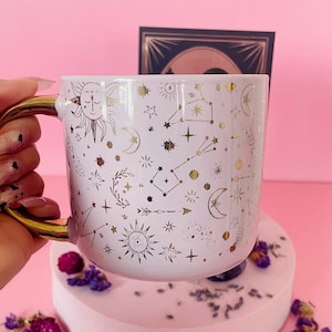 Ceramic Celestial Coffee Mug | Morning Ritual Set with Amethyst and Secret Tarot Card | Astrology Tea Mug | Zodiac Cup 16 Oz