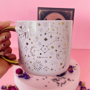 Keramik Himmlische Kaffeetasse | Morgenritual Set mit Amethyst und geheimer Tarot-Karte | Astrologie Tee Tasse | Sternzeichen Tasse 16 Oz