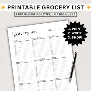 Druckbare Lebensmittelliste/Einkaufsliste, Lebensmittelgeschäft Einkauf Checkliste, Lebensmittel Planer, Sofortiger Download PDF, US Letter, halbe Größe, A4 und A5