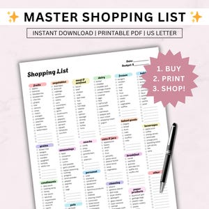 Lista de compras mestre, lista de compras completa para impressão, lista de compras/compras com itens preenchidos, download instantâneo em PDF, carta dos EUA