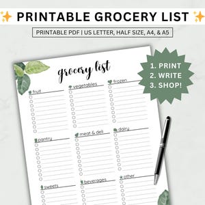 Druckbare Lebensmittelliste/Einkaufsliste, Lebensmittelgeschäft Einkauf Checkliste, Lebensmittel Planer, Sofortiger Download PDF, US Letter, halbe Größe, A4 und A5