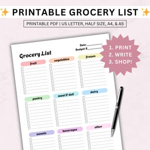 Druckbare Lebensmittelliste/Einkaufsliste, Lebensmittelgeschäft Einkauf Checkliste, Lebensmittel Planer, Sofortiger Download PDF, US Letter, halbe Größe, A4 und A5