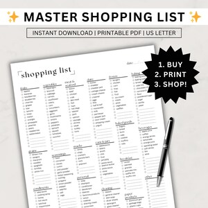 Lista de compras mestre, lista de compras completa para impressão, lista de compras/compras com itens preenchidos, download instantâneo em PDF, carta dos EUA